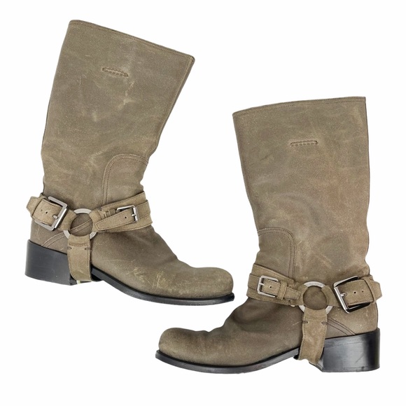 DIOR Strappy Brown Taupe Suede Leather Biker Short Boot 37.5 US 7.5 - Picture 4 of 10